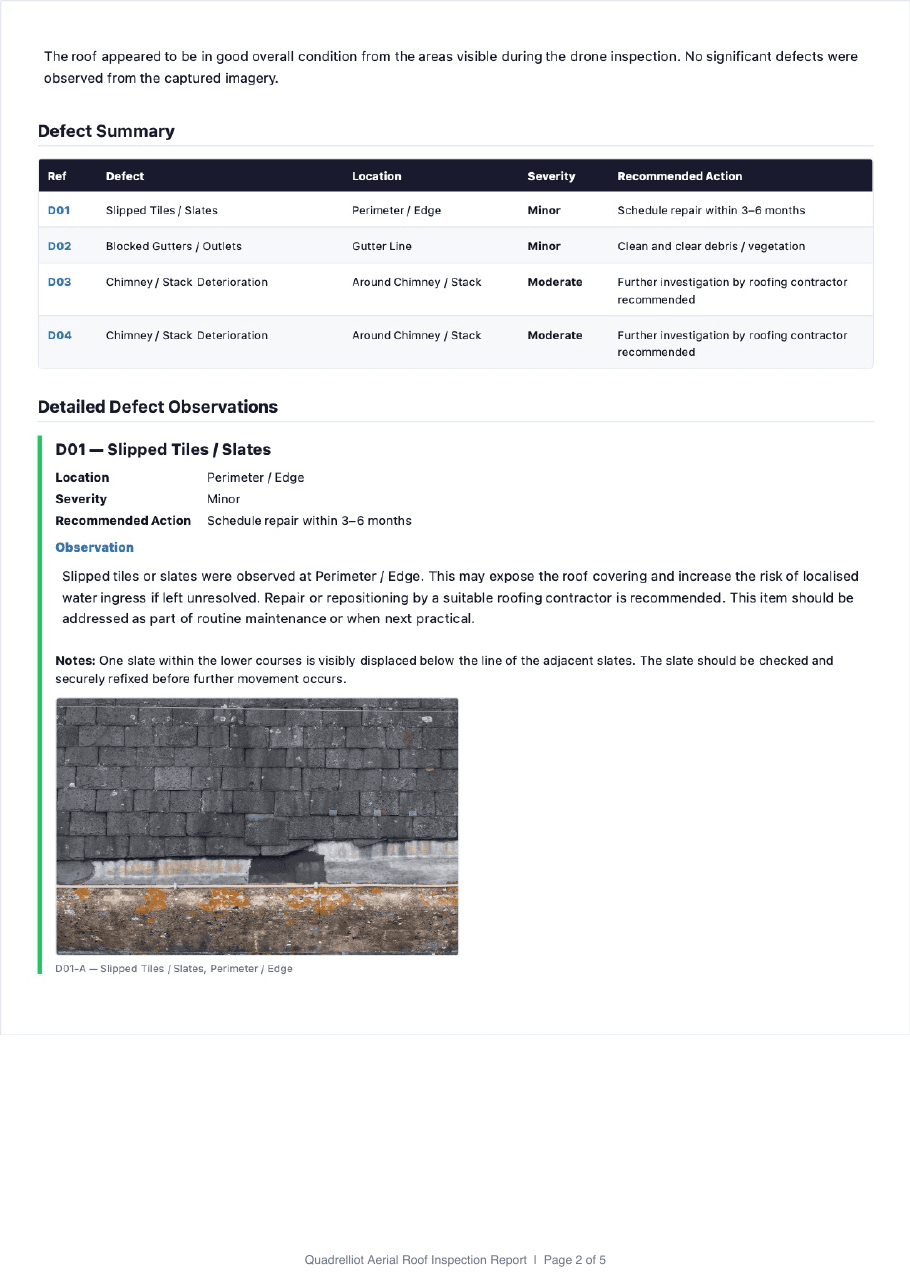 Detailed defect findings page from the Quadrelliot example roof inspection report
